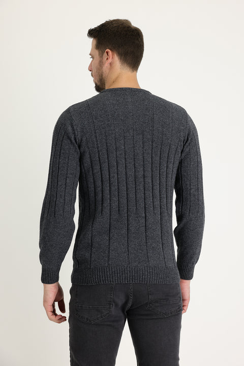Dark Gray Crew Neck Slim Fit Narrow Cut Wool Patterned Knit Sweater