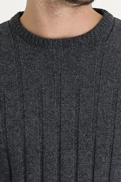 Dark Gray Crew Neck Slim Fit Narrow Cut Wool Patterned Knit Sweater