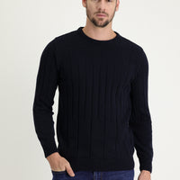 Dark Navy Crew Neck Slim Fit Narrow Cut Wool Patterned Knit Sweater