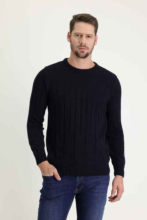 Dark Navy Crew Neck Slim Fit Narrow Cut Wool Patterned Knit Sweater