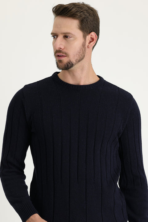 Dark Navy Crew Neck Slim Fit Narrow Cut Wool Patterned Knit Sweater