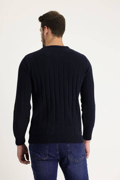 Dark Navy Crew Neck Slim Fit Narrow Cut Wool Patterned Knit Sweater
