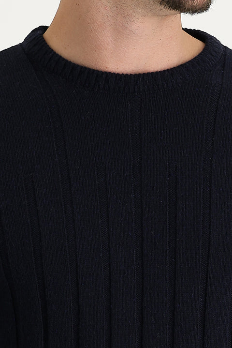 Dark Navy Crew Neck Slim Fit Narrow Cut Wool Patterned Knit Sweater