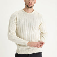 Off-white crew neck slim fit, narrow cut, wool patterned knit sweater.