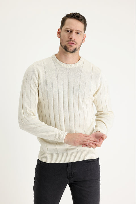 Off-white crew neck slim fit, narrow cut, wool patterned knit sweater.