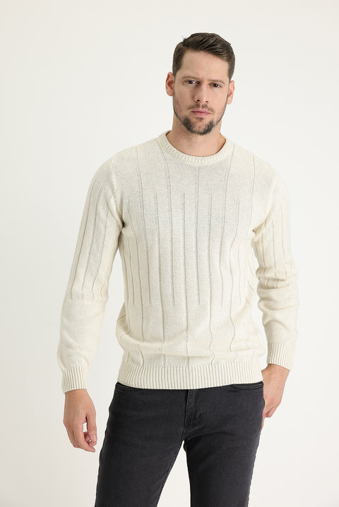 Off-white crew neck slim fit, narrow cut, wool patterned knit sweater.