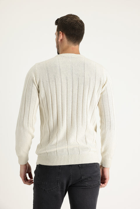 Off-white crew neck slim fit, narrow cut, wool patterned knit sweater.