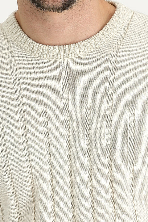 Off-white crew neck slim fit, narrow cut, wool patterned knit sweater.