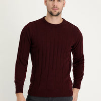 Dark Burgundy Crew Neck Slim Fit Narrow Cut Wool Patterned Knit Sweater