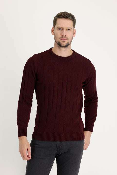 Dark Burgundy Crew Neck Slim Fit Narrow Cut Wool Patterned Knit Sweater