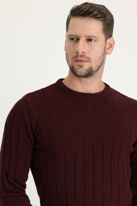 Dark Burgundy Crew Neck Slim Fit Narrow Cut Wool Patterned Knit Sweater