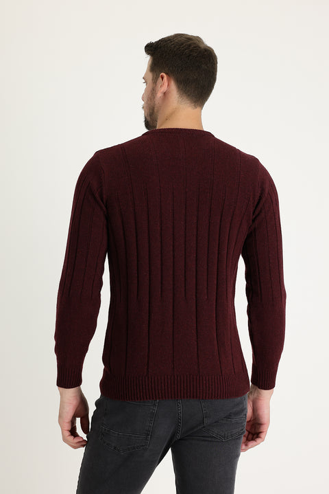 Dark Burgundy Crew Neck Slim Fit Narrow Cut Wool Patterned Knit Sweater