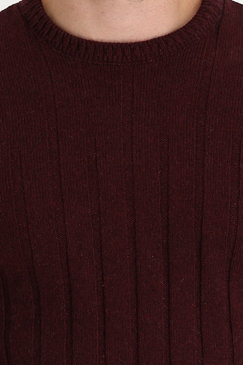 Dark Burgundy Crew Neck Slim Fit Narrow Cut Wool Patterned Knit Sweater