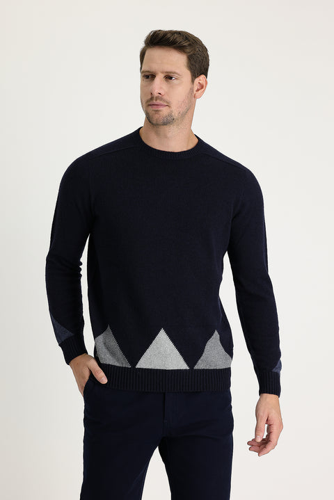 Dark Navy Crew Neck Regular Fit Wool Patterned Knit Sweater
