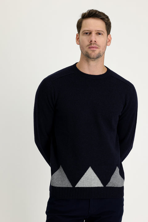 Dark Navy Crew Neck Regular Fit Wool Patterned Knit Sweater