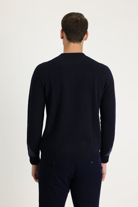 Dark Navy Crew Neck Regular Fit Wool Patterned Knit Sweater