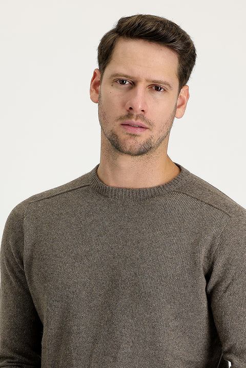 Medium Brown Crew Neck Regular Fit Wool Patterned Knit Sweater