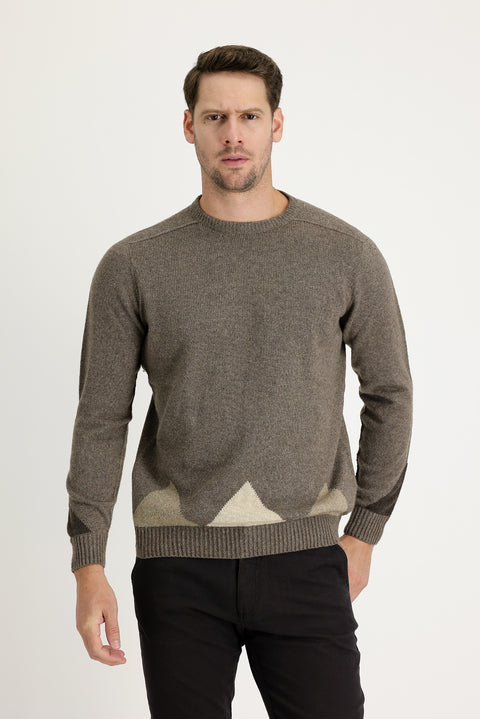 Medium Brown Crew Neck Regular Fit Wool Patterned Knit Sweater
