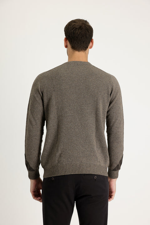 Medium Brown Crew Neck Regular Fit Wool Patterned Knit Sweater