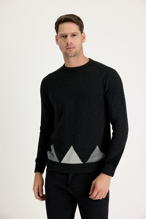 Dark Anthracite Crew Neck Regular Fit Wool Patterned Knit Sweater