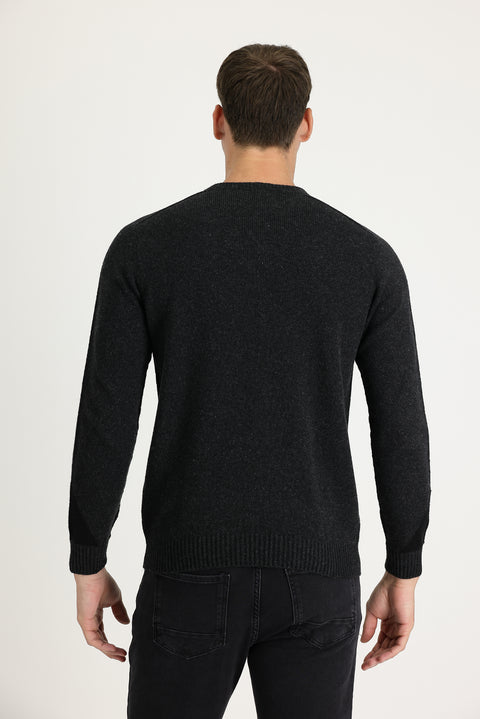 Dark Anthracite Crew Neck Regular Fit Wool Patterned Knit Sweater