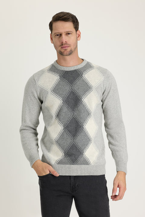 Light Grey Crew Neck Regular Fit Wool Patterned Knit Sweater