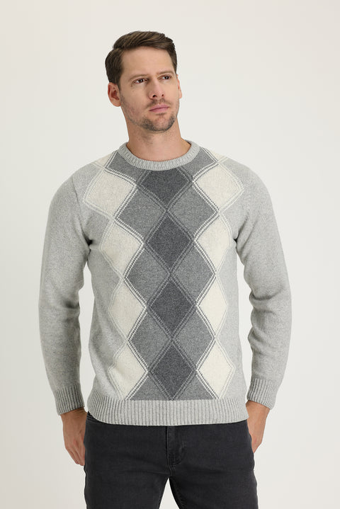 Light Grey Crew Neck Regular Fit Wool Patterned Knit Sweater
