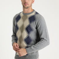 Medium Grey Crew Neck Regular Fit Wool Patterned Knit Sweater