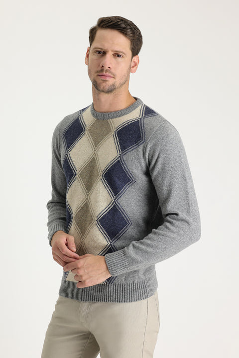 Medium Grey Crew Neck Regular Fit Wool Patterned Knit Sweater