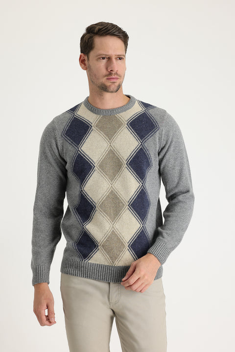 Medium Grey Crew Neck Regular Fit Wool Patterned Knit Sweater
