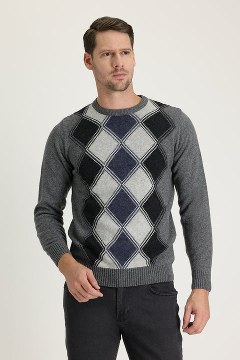 Medium Gray Crew Neck Regular Fit Wool Patterned Knit Sweater