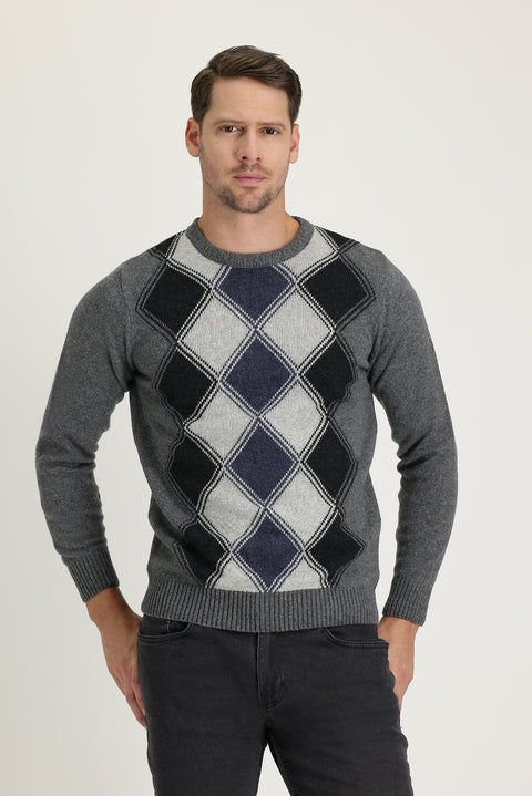 Medium Gray Crew Neck Regular Fit Wool Patterned Knit Sweater