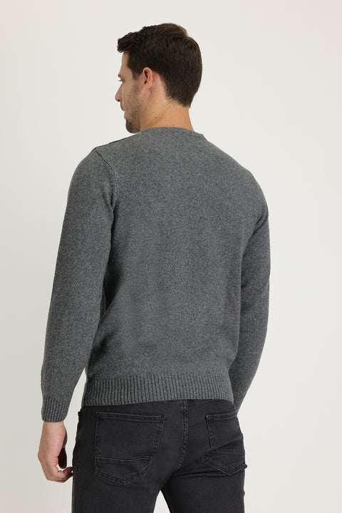 Medium Gray Crew Neck Regular Fit Wool Patterned Knit Sweater