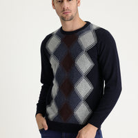 Medium Navy Crew Neck Regular Fit Wool Patterned Knit Sweater