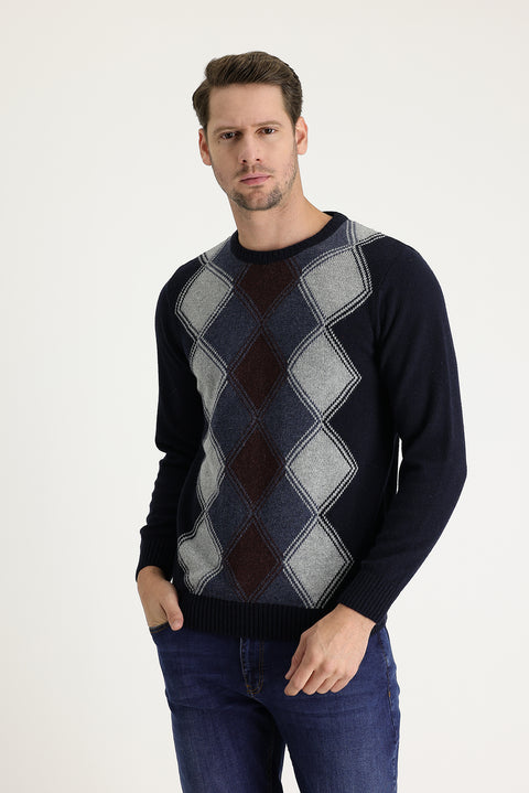 Medium Navy Crew Neck Regular Fit Wool Patterned Knit Sweater