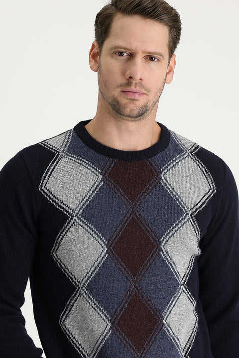 Medium Navy Crew Neck Regular Fit Wool Patterned Knit Sweater