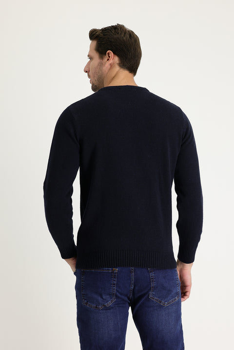 Medium Navy Crew Neck Regular Fit Wool Patterned Knit Sweater