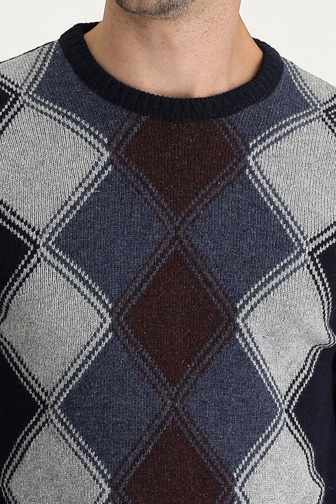 Medium Navy Crew Neck Regular Fit Wool Patterned Knit Sweater