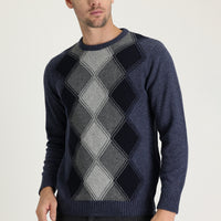 Aviator Blue Crew Neck Regular Fit Wool Patterned Knit Sweater