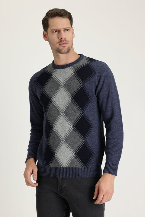 Aviator Blue Crew Neck Regular Fit Wool Patterned Knit Sweater
