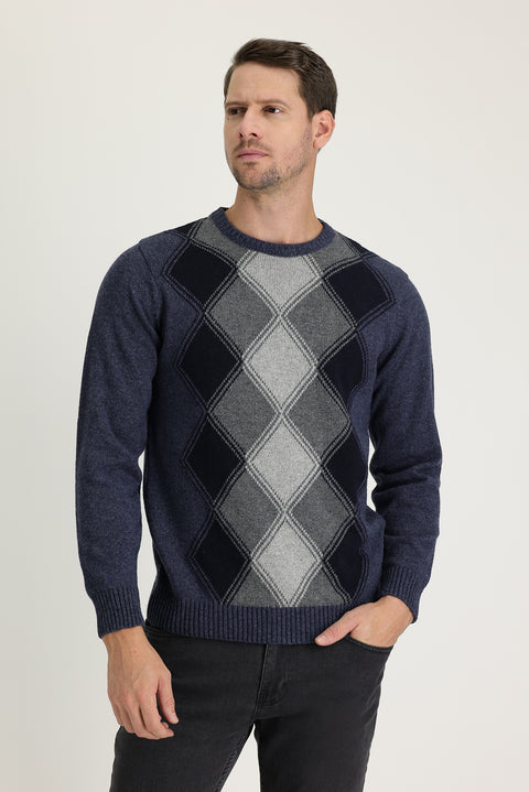 Aviator Blue Crew Neck Regular Fit Wool Patterned Knit Sweater