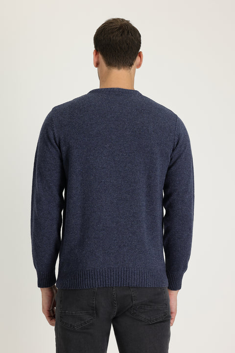 Aviator Blue Crew Neck Regular Fit Wool Patterned Knit Sweater