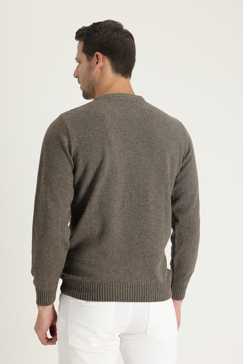 Medium Brown Crew Neck Regular Fit Wool Patterned Knit Sweater