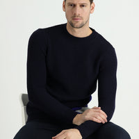 Medium Navy Crew Neck Slim Fit Narrow Cut Wool Patterned Knit Sweater