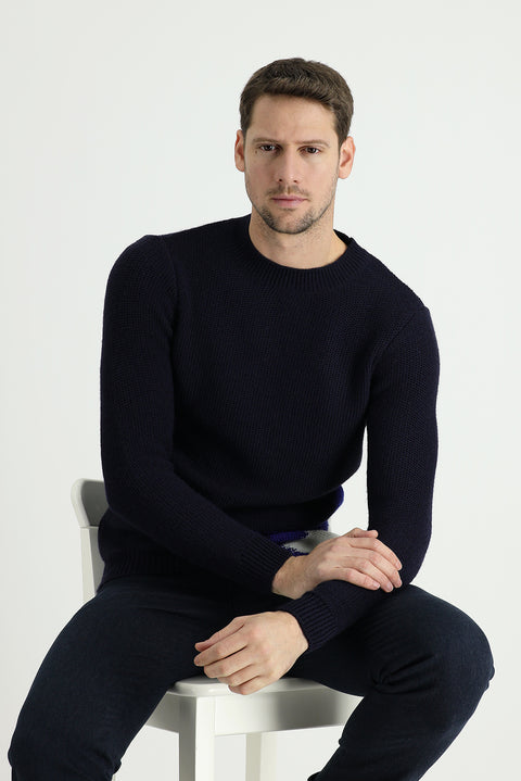 Medium Navy Crew Neck Slim Fit Narrow Cut Wool Patterned Knit Sweater