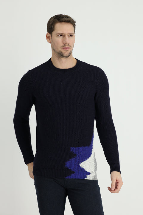 Medium Navy Crew Neck Slim Fit Narrow Cut Wool Patterned Knit Sweater