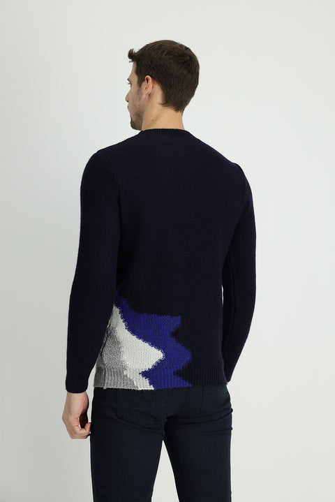 Medium Navy Crew Neck Slim Fit Narrow Cut Wool Patterned Knit Sweater