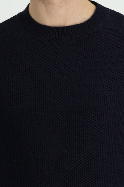 Medium Navy Crew Neck Slim Fit Narrow Cut Wool Patterned Knit Sweater