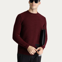 Dark Burgundy Crew Neck Slim Fit Narrow Cut Wool Patterned Knit Sweater