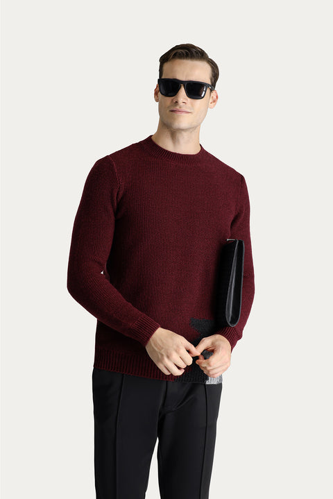 Dark Burgundy Crew Neck Slim Fit Narrow Cut Wool Patterned Knit Sweater